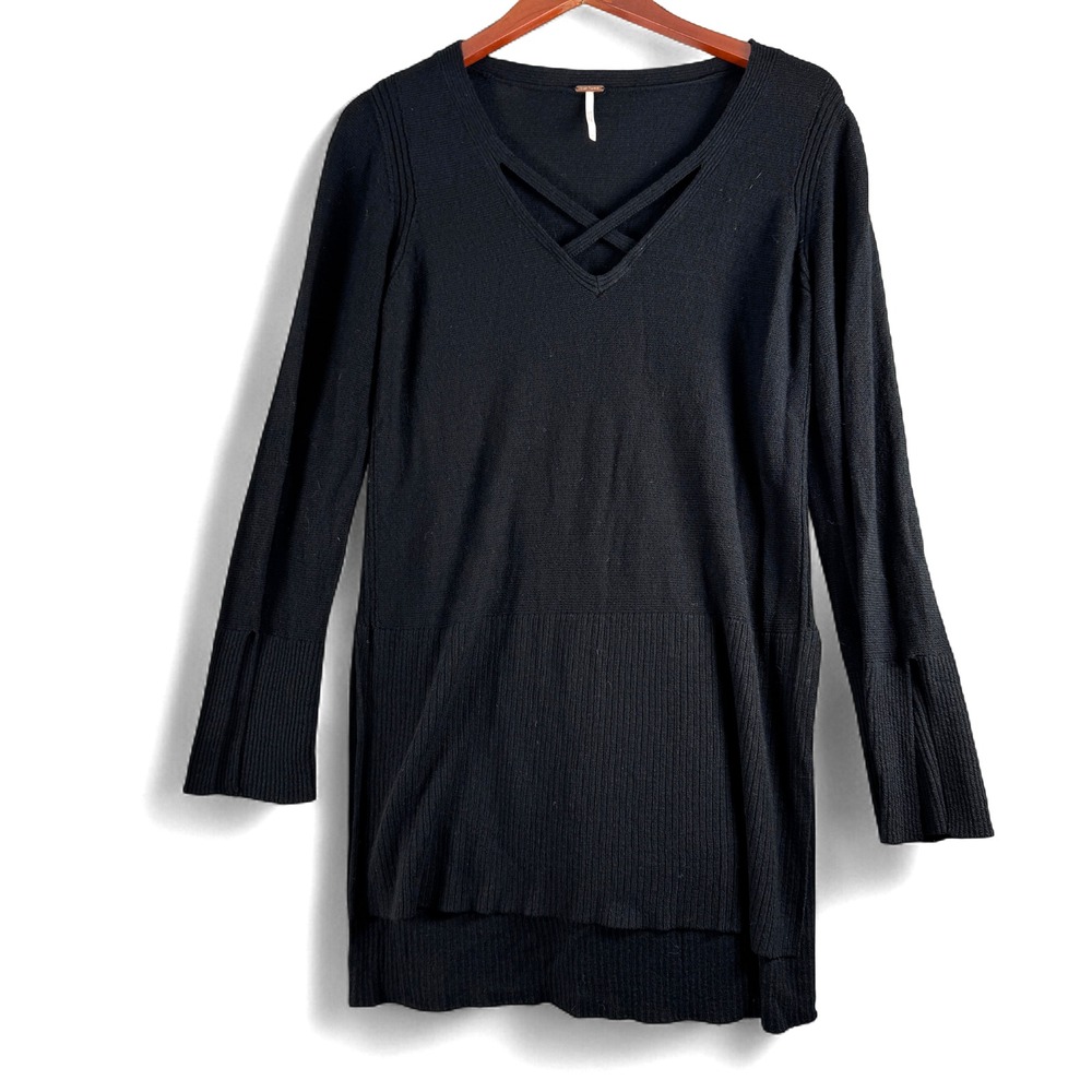 Free People Womens Black Criss Cross Knit Sweater Top Sz M Medium